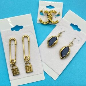 Gold Tone Long Pierced Earrings Bundle of Three Pairs